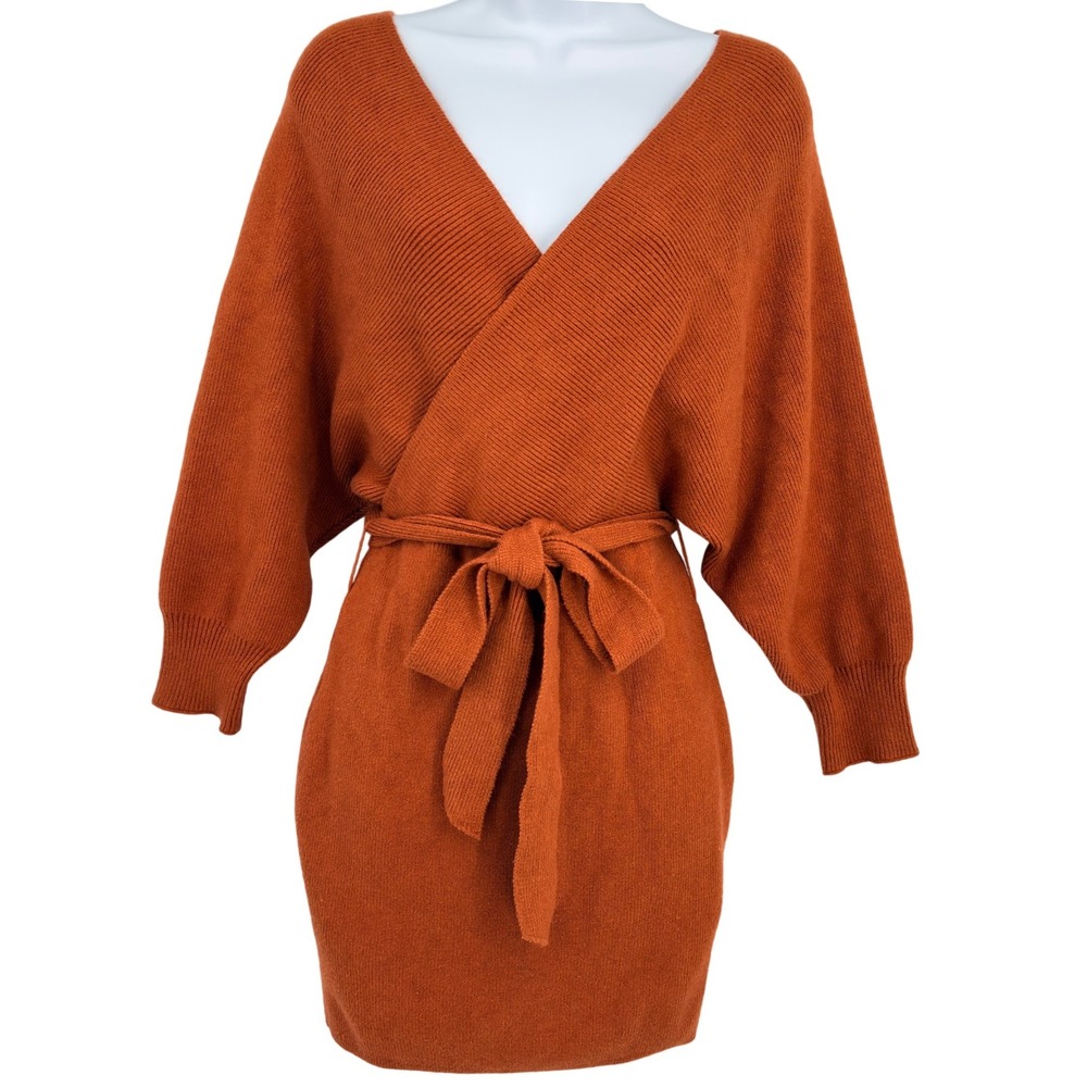 Lulus Ribbed Batwing Knit Wrap Sweater Dress Rust‎ Belted LG Bodycon Resortcore - Picture 2 of 9